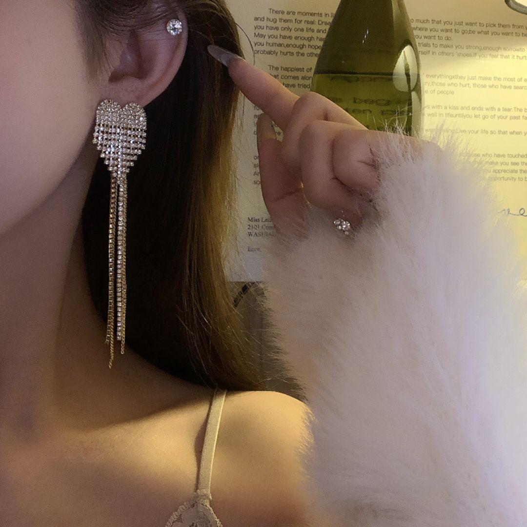 Dazzling Heart Tassel Earrings