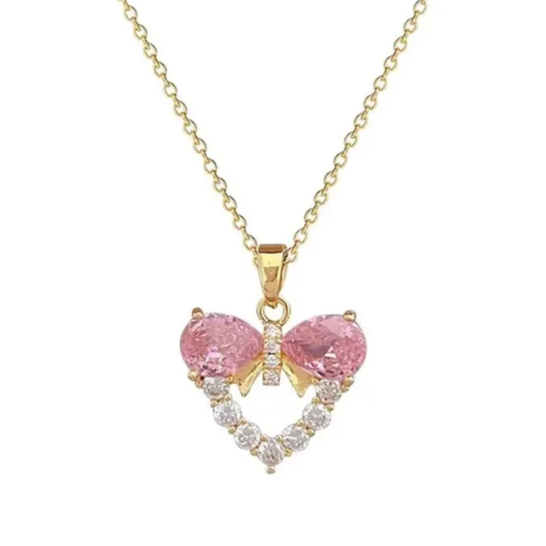 Elegant Pink Bow Heart Necklace
