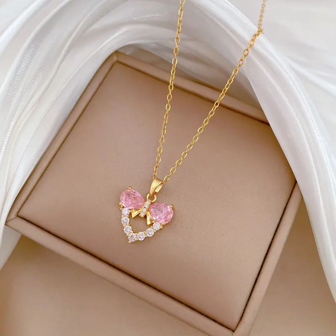 Elegant Pink Bow Heart Necklace
