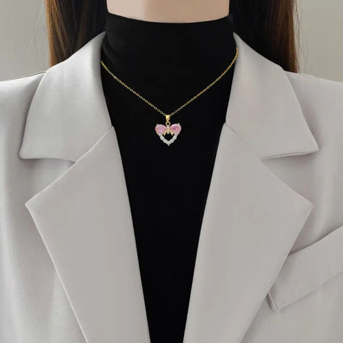 Elegant Pink Bow Heart Necklace