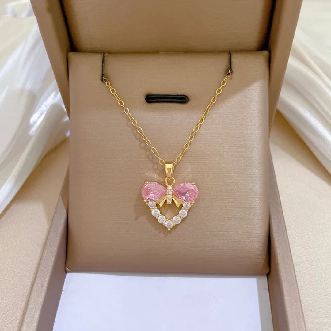 Elegant Pink Bow Heart Necklace