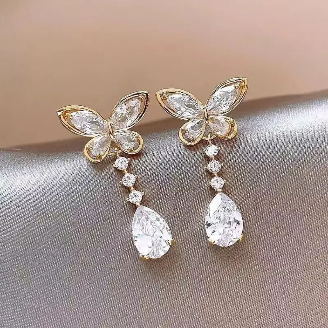 Golden Teardrop Butterflies Earring