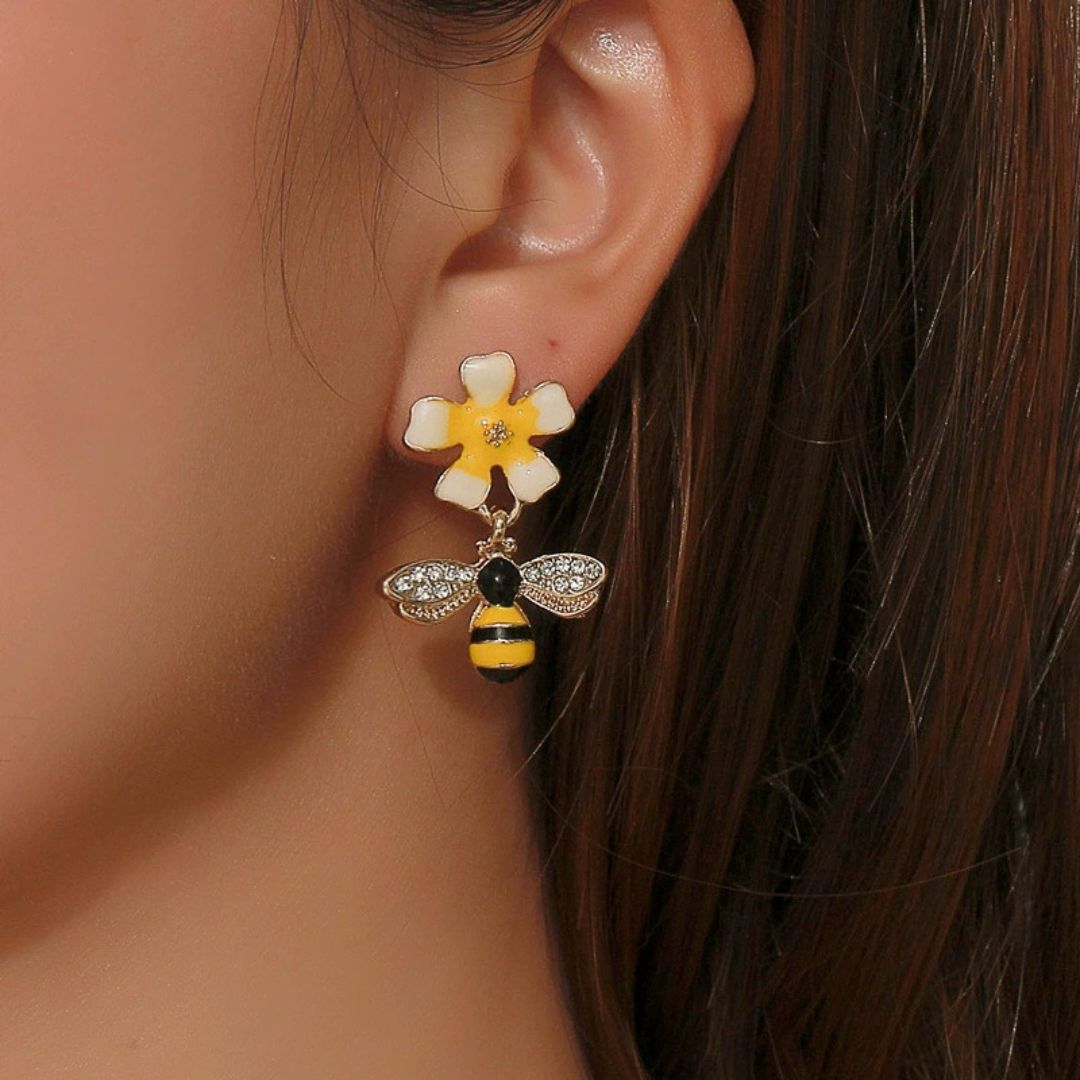 Sunflower and Bee Drop Earrings