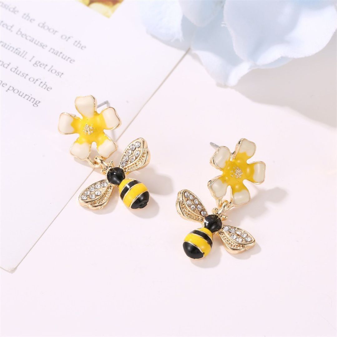 Sunflower and Bee Drop Earrings