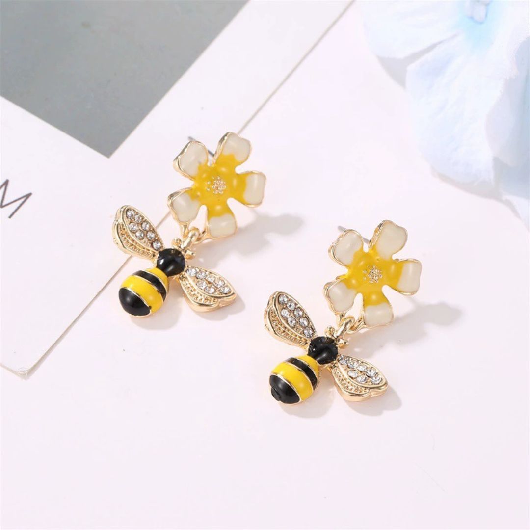 Sunflower and Bee Drop Earrings