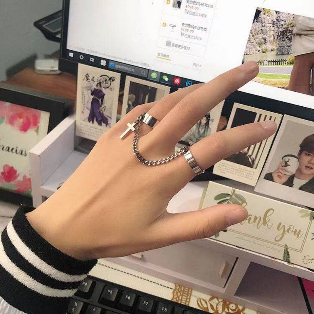 Silver Cross Chain Double Ring