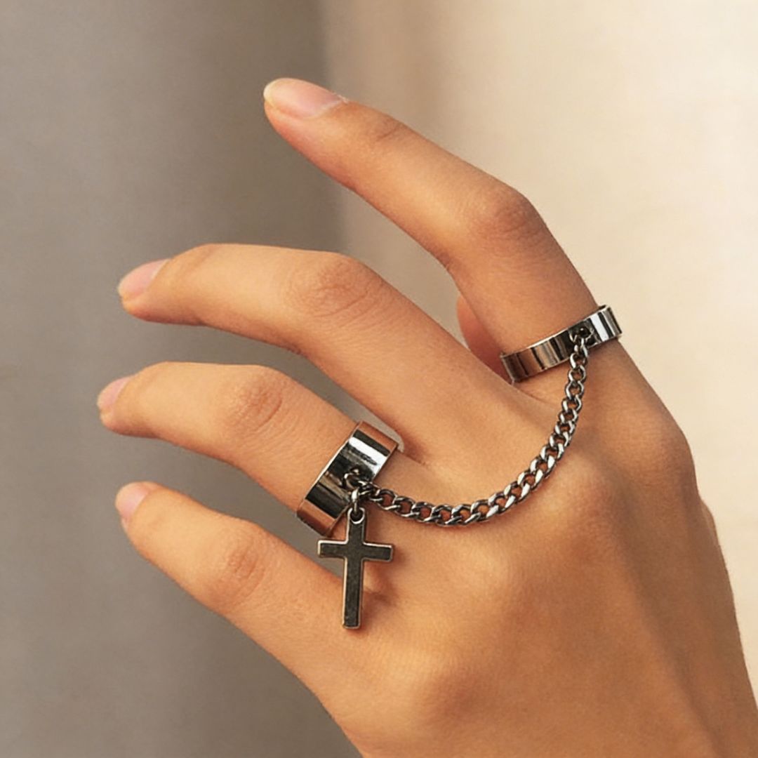Silver Cross Chain Double Ring