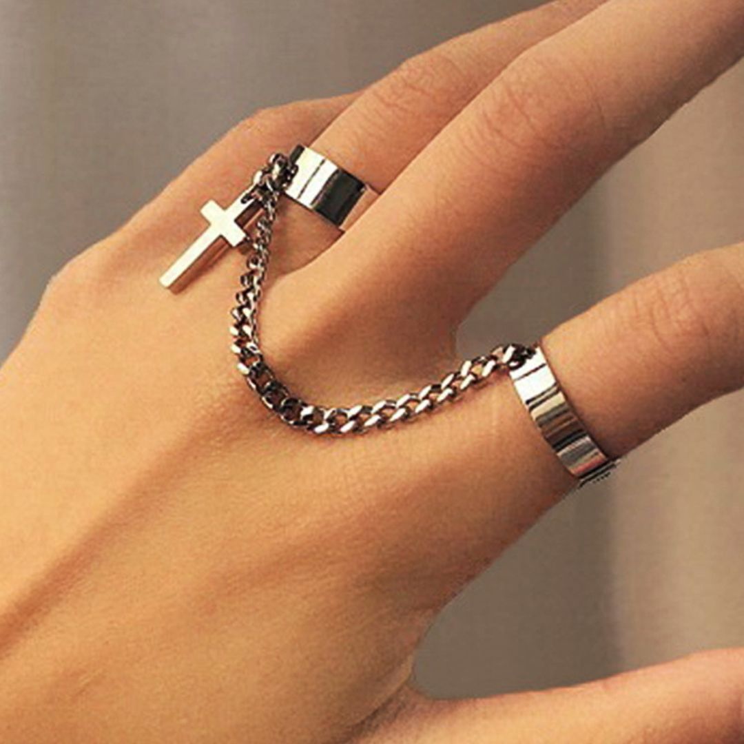 Silver Cross Chain Double Ring