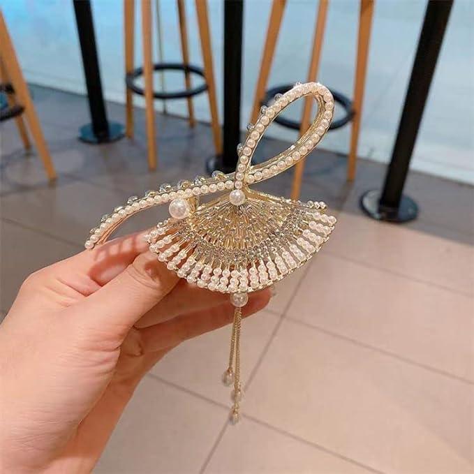 Rhinestone Pearl Tassel Hair Clip